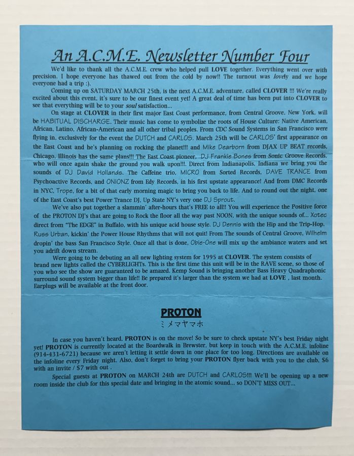 A.C.M.E. Newsletter No. 4 — flyer, March 1995, Upstate New York