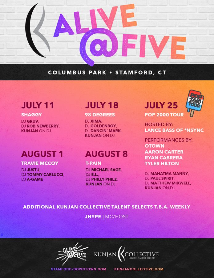 Alive@Five 2019 — flyer, July 11 – August 8, 2019, Stamford, CT