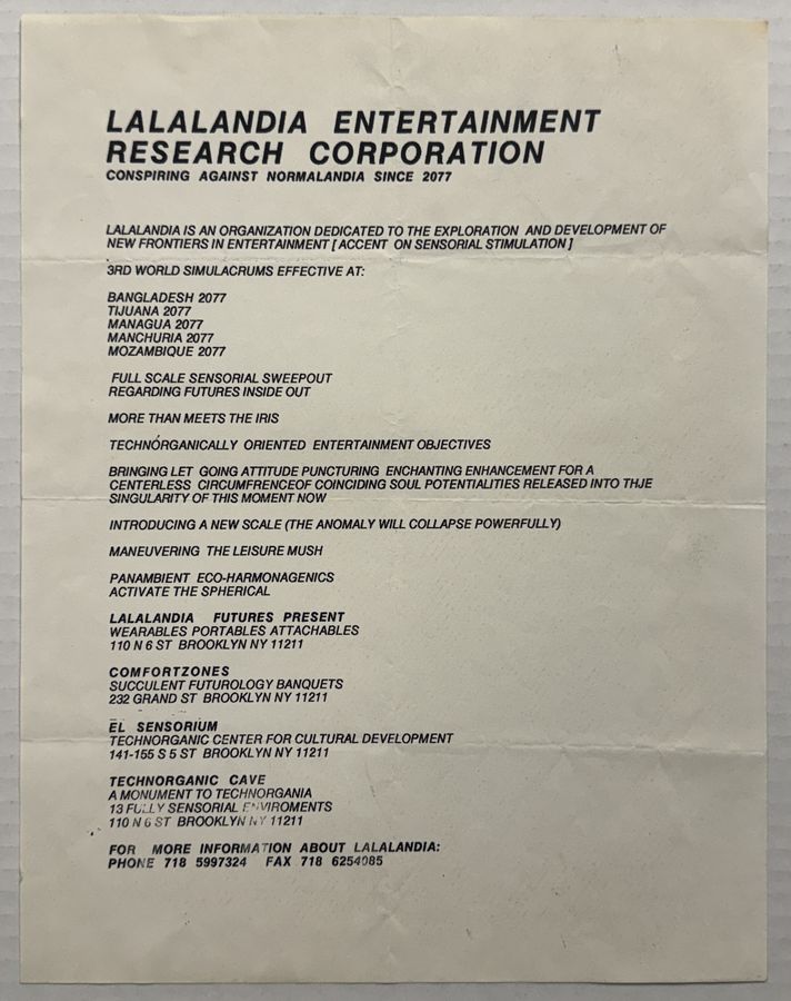 Lalalandia Entertainment Research Corporation — flyer, c. 1993, Williamsburg, Brooklyn