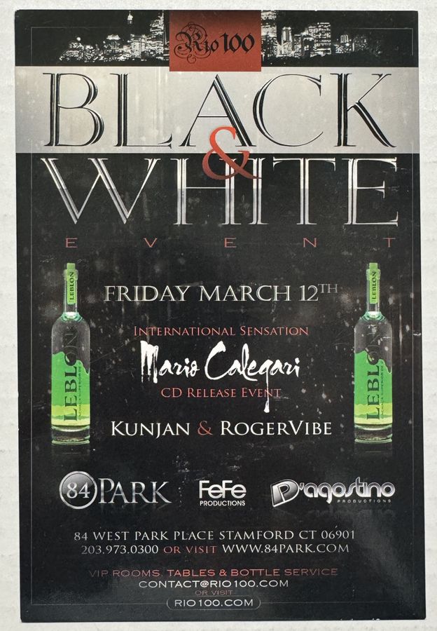 Rio 100 — Black & White Event — flyer, March 12, 2010, Stamford, CT