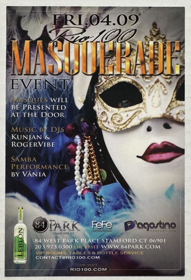 Rio 100 — Masquerade Event — flyer, April 9, 2010, Stamford, CT