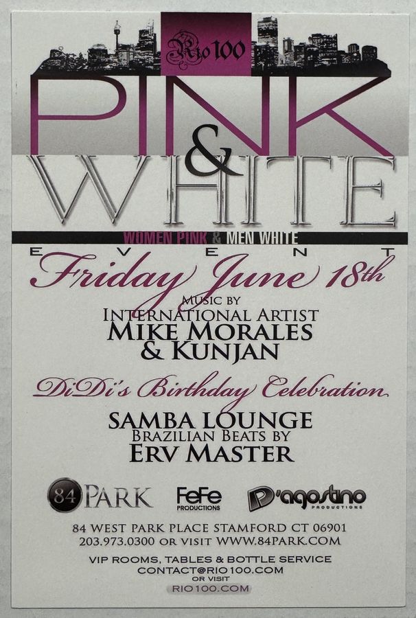 Rio 100 — Pink & White Event — flyer, June 18, 2010, Stamford, CT